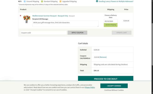 Calyx Flowers checkout page showing Calyx Flowers promo code box | Screenshot taken by SimplyCodes community member on Sep 15, 2025