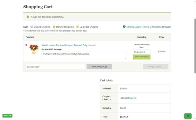 Calyx Flowers checkout page showing Calyx Flowers promo code box | Screenshot taken by SimplyCodes community member on Sep 1, 2025