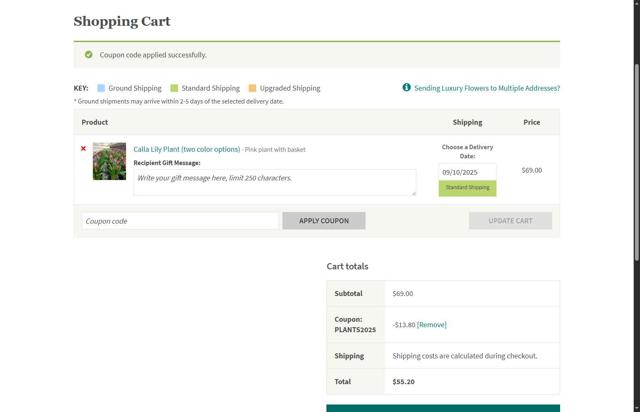 Calyx Flowers checkout page showing Calyx Flowers promo code box | Screenshot taken by SimplyCodes community member on Sep 7, 2025