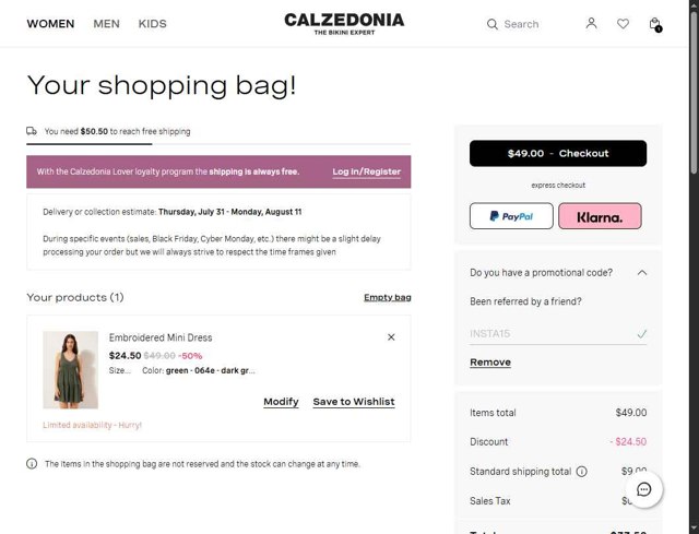 Calzedonia checkout page showing Calzedonia promo code box | Screenshot taken by SimplyCodes community member on Jul 30, 2025