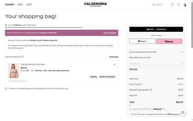 Calzedonia checkout page showing Calzedonia promo code box | Screenshot taken by SimplyCodes community member on Jul 26, 2025