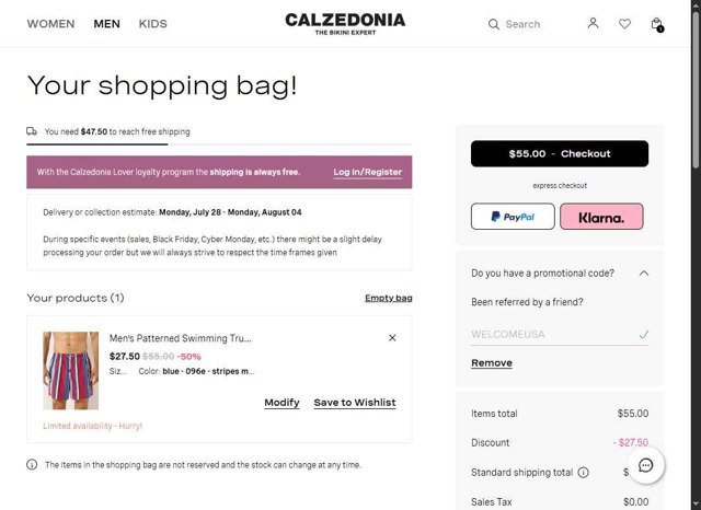 Calzedonia checkout page showing Calzedonia promo code box | Screenshot taken by SimplyCodes community member on Jul 26, 2025