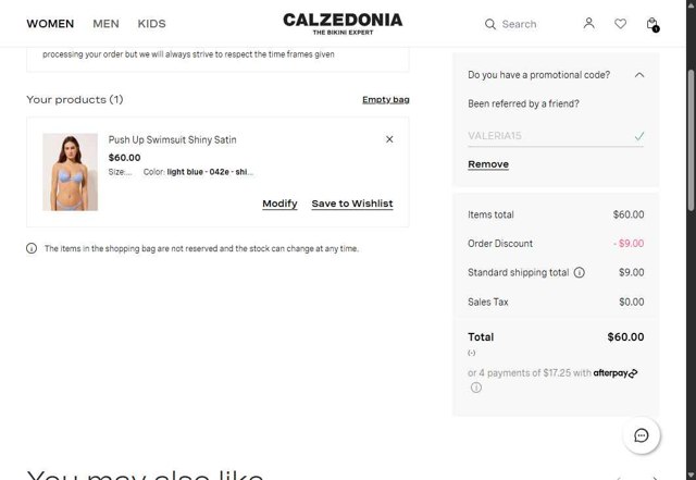 Calzedonia checkout page showing Calzedonia promo code box | Screenshot taken by SimplyCodes community member on Aug 26, 2025