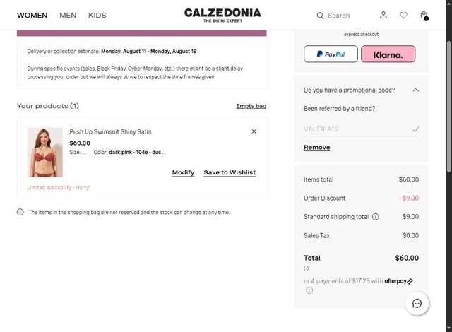Calzedonia checkout page showing Calzedonia promo code box | Screenshot taken by SimplyCodes community member on Aug 7, 2025