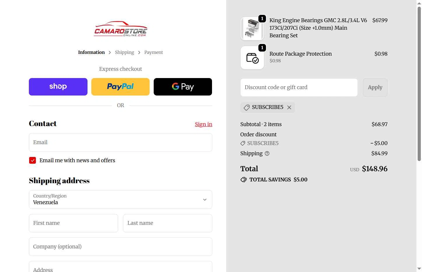 Camaro Store Online checkout page showing Camaro Store Online discount code box | Screenshot taken by SimplyCodes community member on Oct 3, 2025