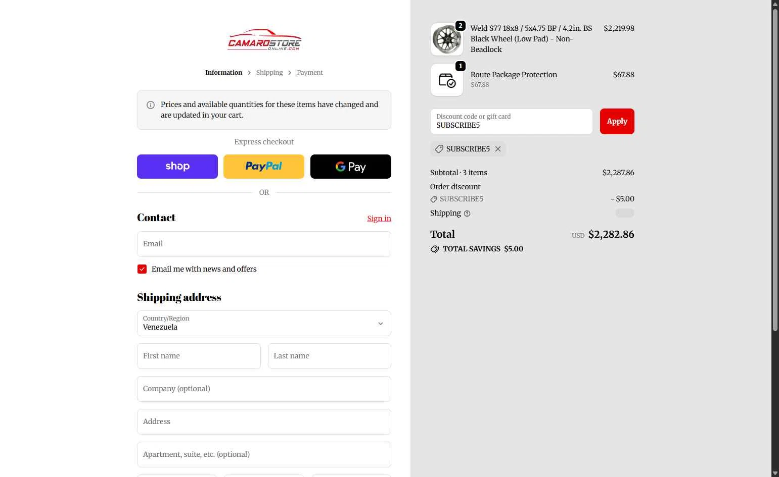 Camaro Store Online checkout page showing Camaro Store Online discount code box | Screenshot taken by SimplyCodes community member on Nov 1, 2025