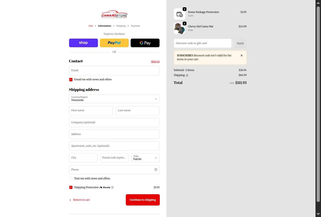 Camaro Store Online checkout page showing Camaro Store Online discount code box | Screenshot taken by SimplyCodes community member on Jan 27, 2026