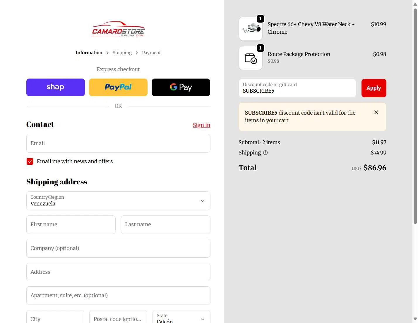 Camaro Store Online checkout page showing Camaro Store Online discount code box | Screenshot taken by SimplyCodes community member on Oct 3, 2025