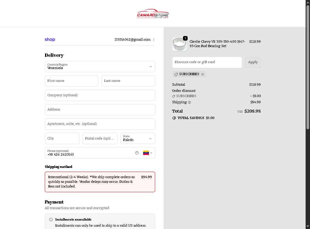 Camaro Store Online checkout page showing Camaro Store Online discount code box | Screenshot taken by SimplyCodes community member on Dec 29, 2025