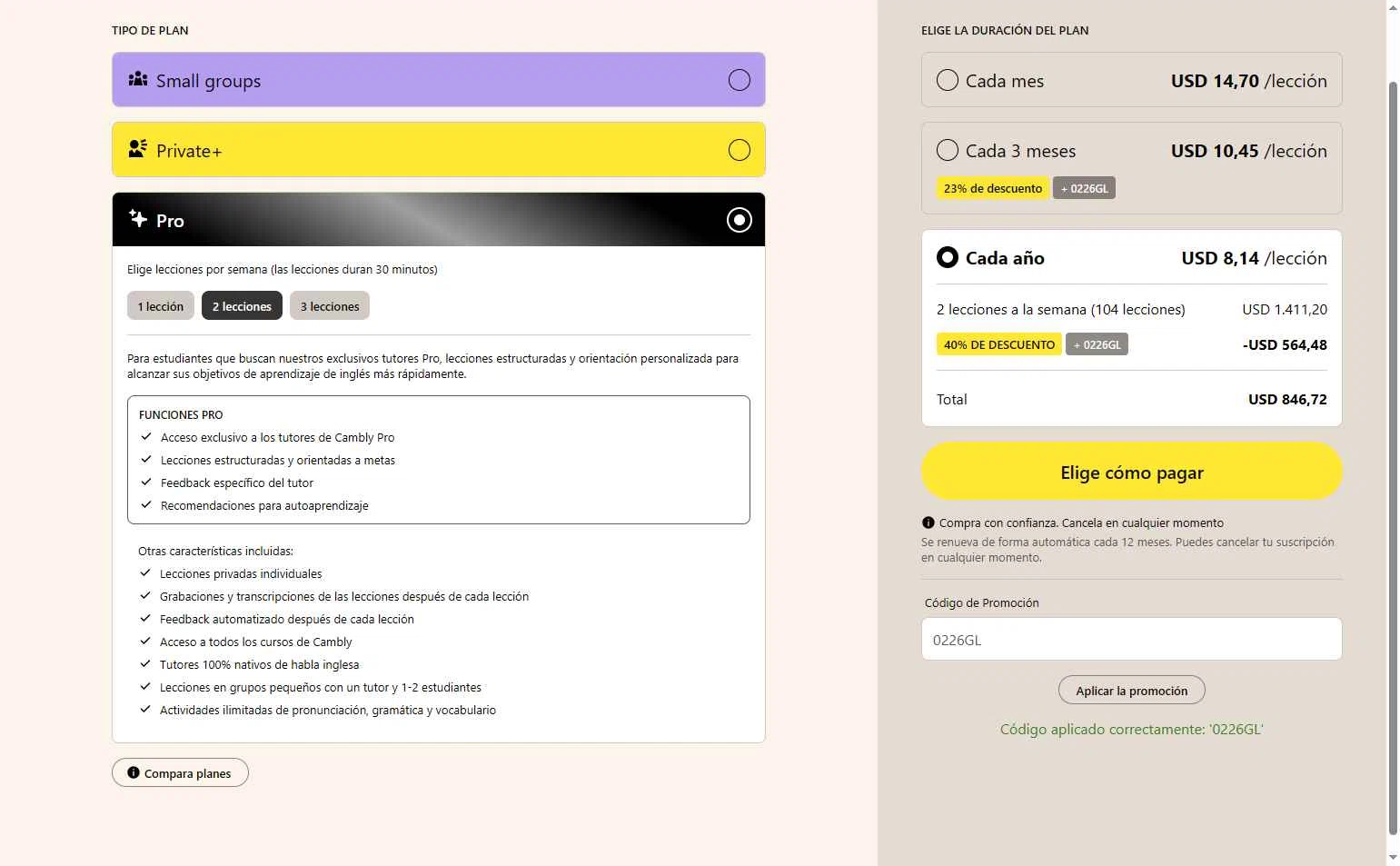 Cambly checkout page showing Cambly promo code box | Screenshot taken by SimplyCodes community member on Feb 10, 2026