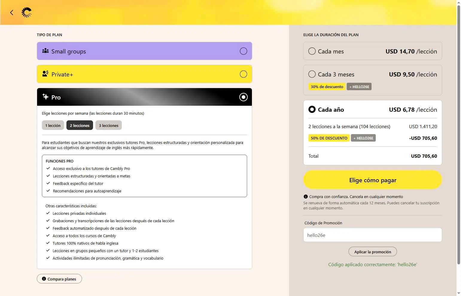 Cambly checkout page showing Cambly promo code box | Screenshot taken by SimplyCodes community member on Jan 26, 2026