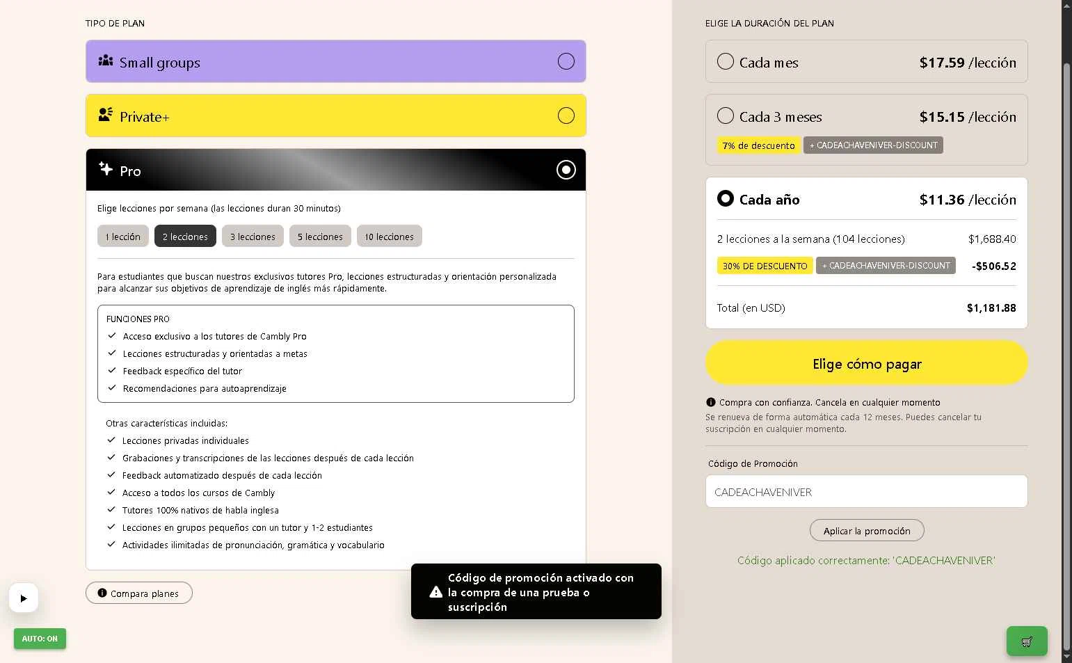 Cambly checkout page showing Cambly promo code box | Screenshot taken by SimplyCodes community member on Dec 23, 2025