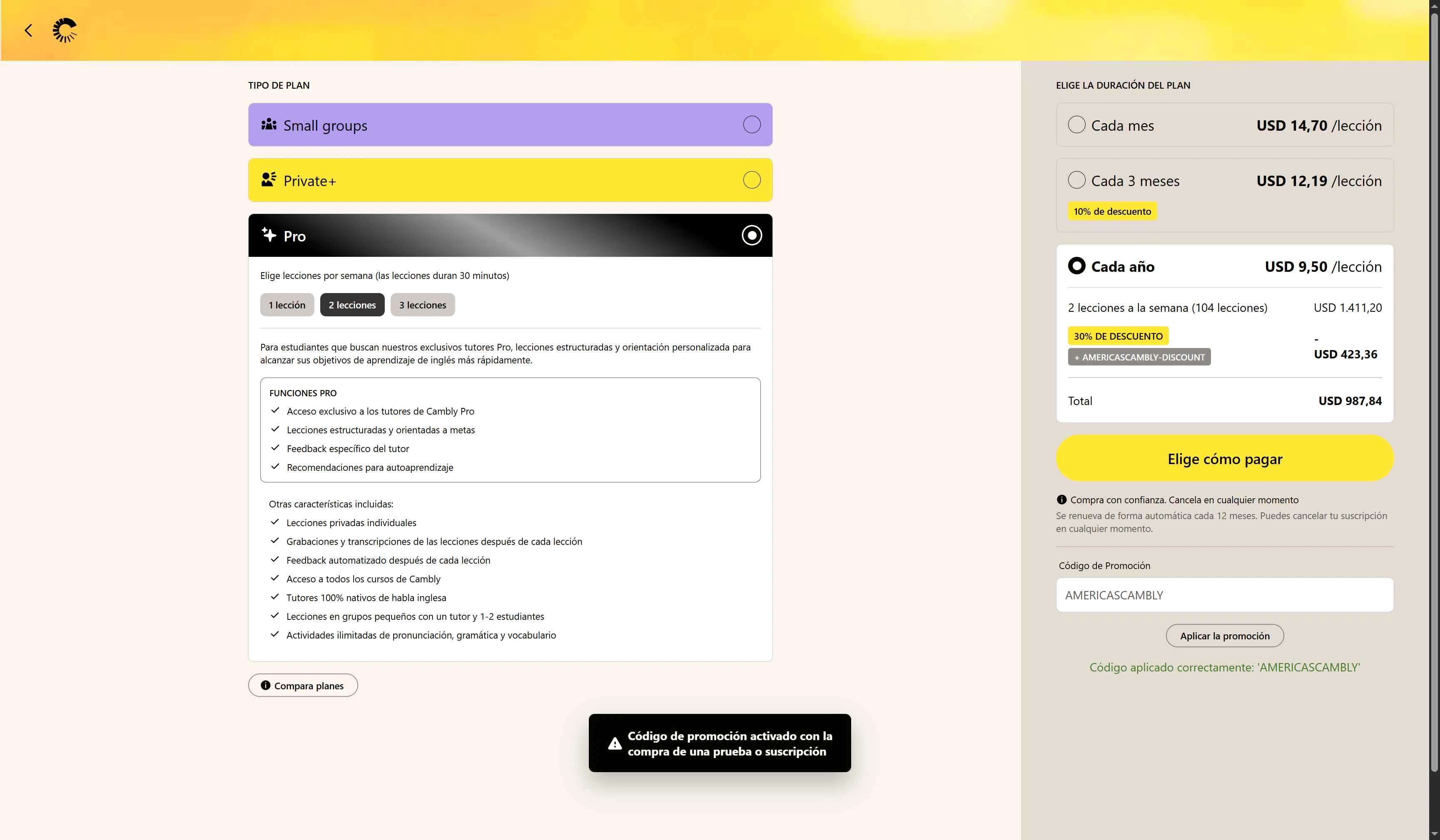 Cambly checkout page showing Cambly promo code box | Screenshot taken by SimplyCodes community member on Feb 11, 2026