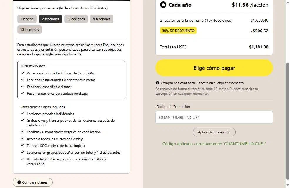 Cambly checkout page showing Cambly promo code box | Screenshot taken by SimplyCodes community member on Dec 25, 2025