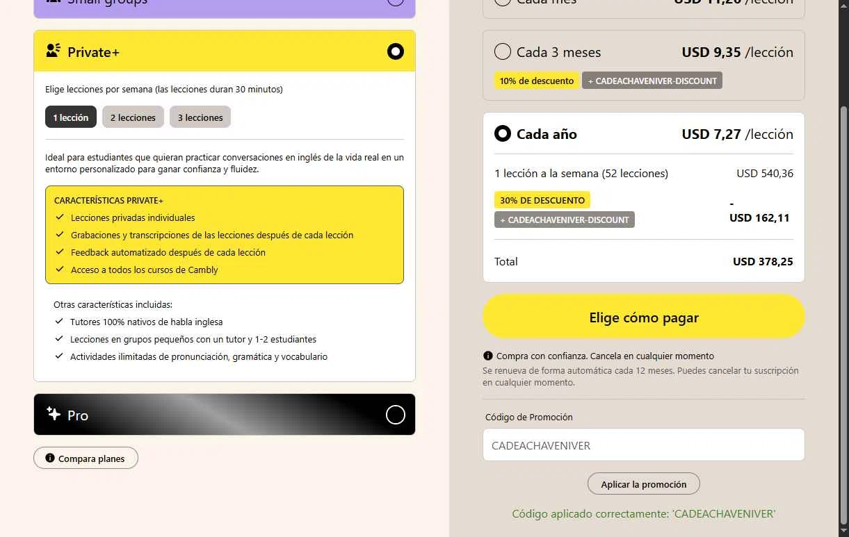 Cambly checkout page showing Cambly promo code box | Screenshot taken by SimplyCodes community member on Feb 21, 2026