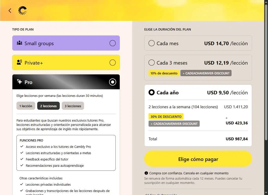 Cambly checkout page showing Cambly promo code box | Screenshot taken by SimplyCodes community member on Feb 12, 2026