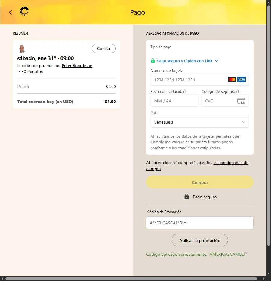 Cambly checkout page showing Cambly promo code box | Screenshot taken by SimplyCodes community member on Jan 31, 2026