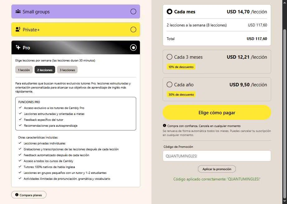 Cambly checkout page showing Cambly promo code box | Screenshot taken by SimplyCodes community member on Feb 21, 2026