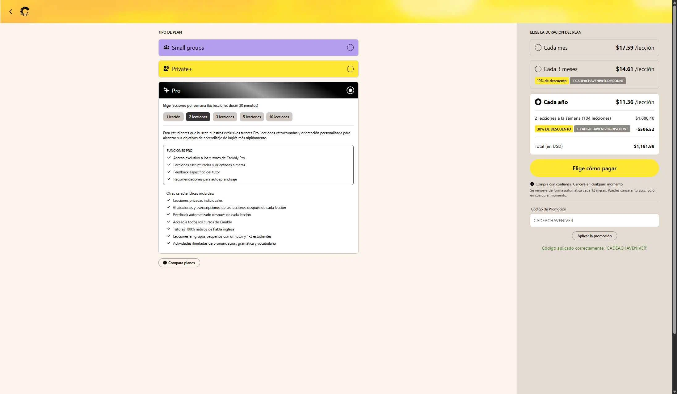 Cambly checkout page showing Cambly promo code box | Screenshot taken by SimplyCodes community member on Dec 30, 2025