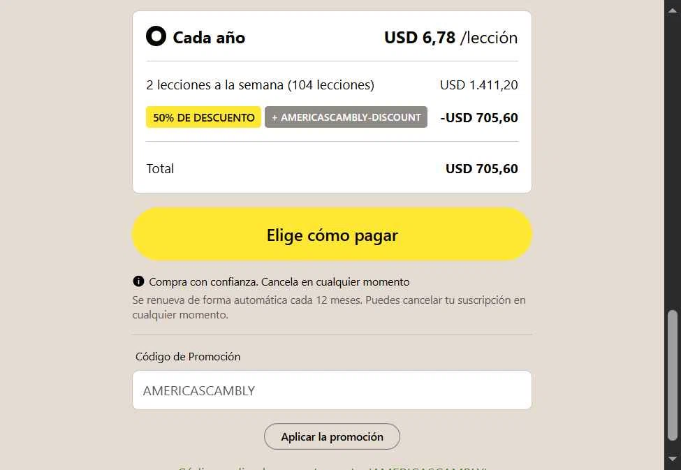 Cambly checkout page showing Cambly promo code box | Screenshot taken by SimplyCodes community member on Jan 23, 2026