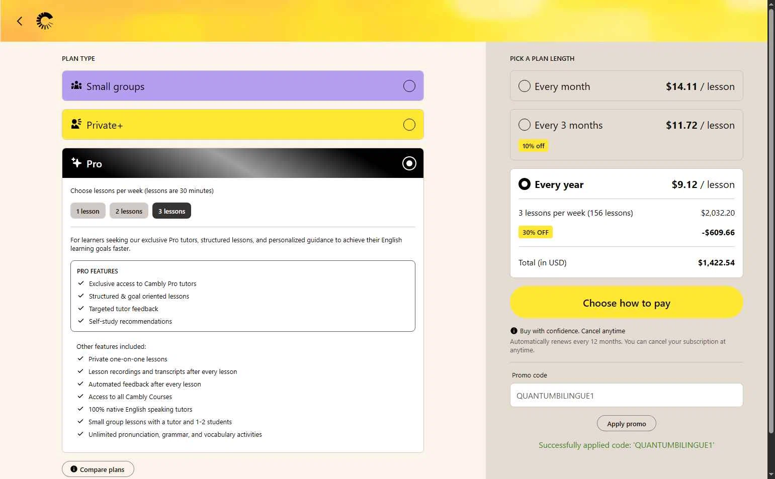 Cambly checkout page showing Cambly promo code box | Screenshot taken by SimplyCodes community member on Feb 16, 2026