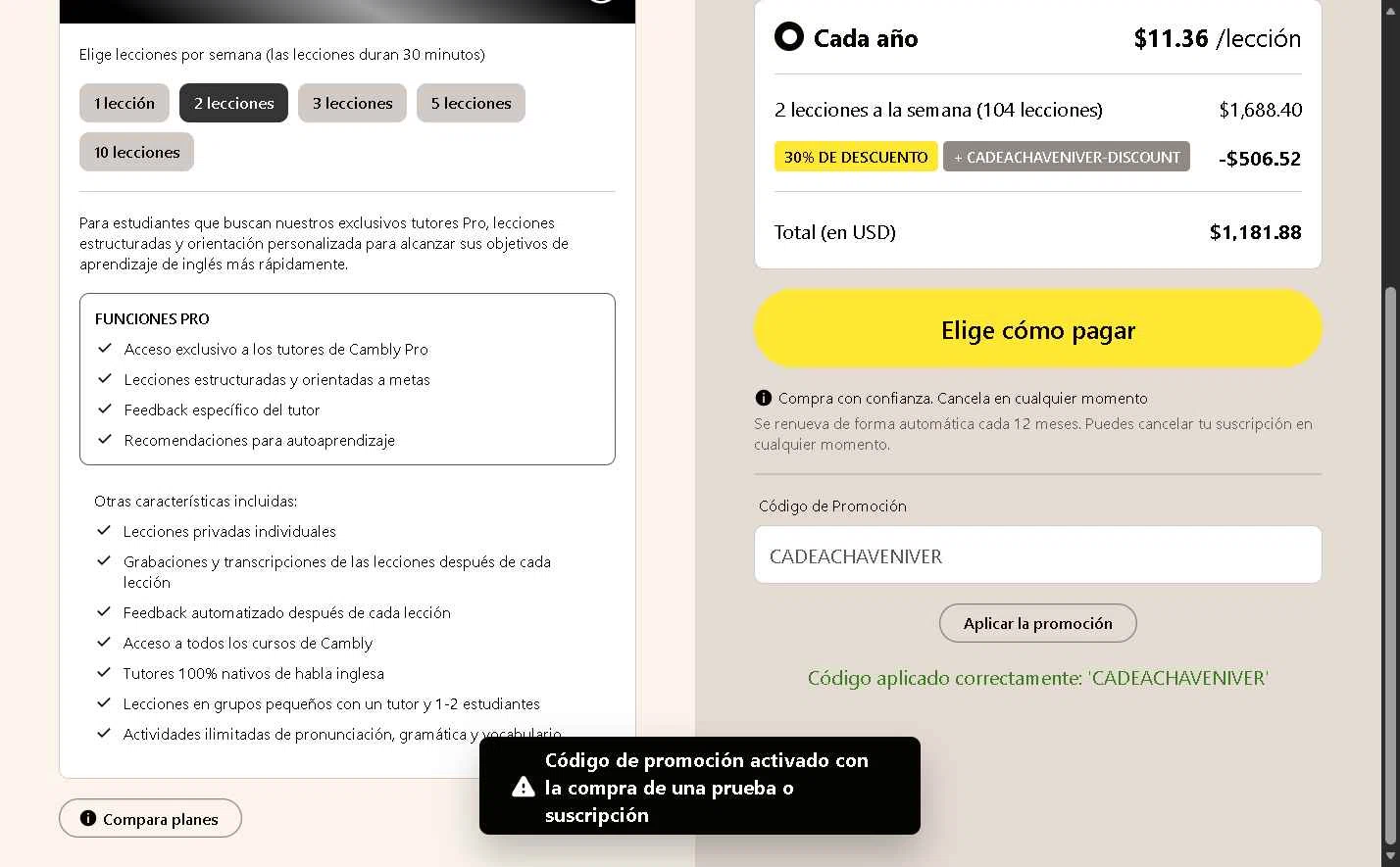Cambly checkout page showing Cambly promo code box | Screenshot taken by SimplyCodes community member on Jan 31, 2026