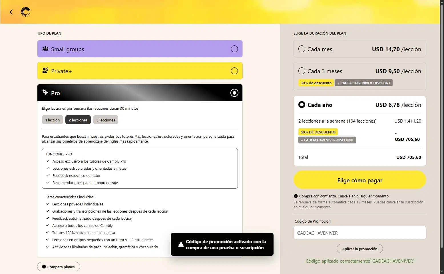 Cambly checkout page showing Cambly promo code box | Screenshot taken by SimplyCodes community member on Jan 27, 2026