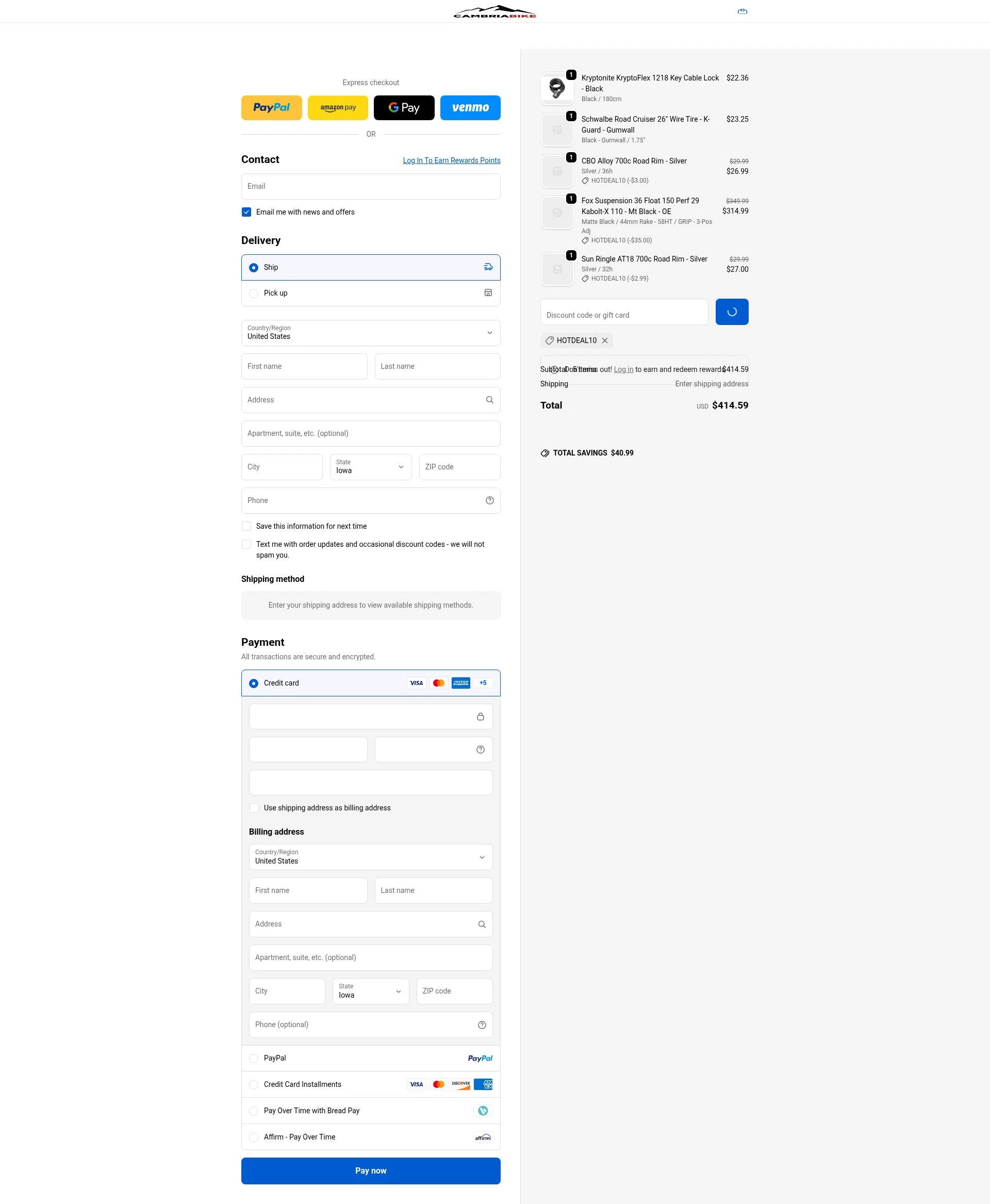 Cambria Bike checkout page showing Cambria Bike discount code box | Screenshot taken by SimplyCodes community member on Jan 11, 2026