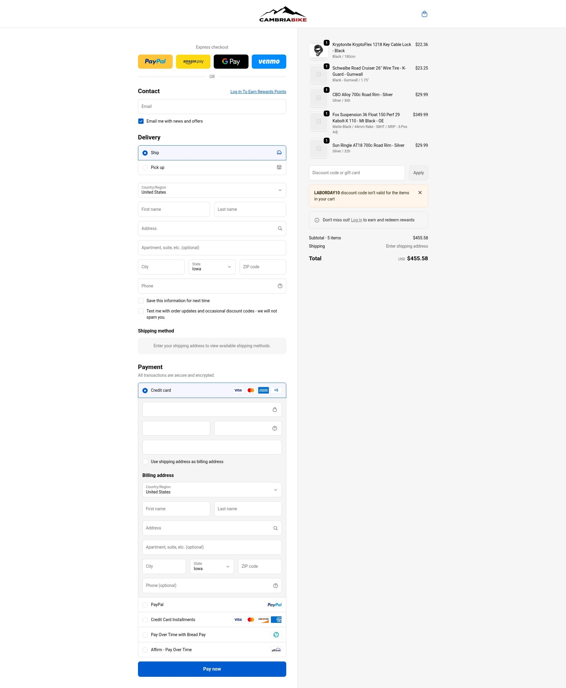 Cambria Bike checkout page showing Cambria Bike discount code box | Screenshot taken by SimplyCodes community member on Jan 11, 2026
