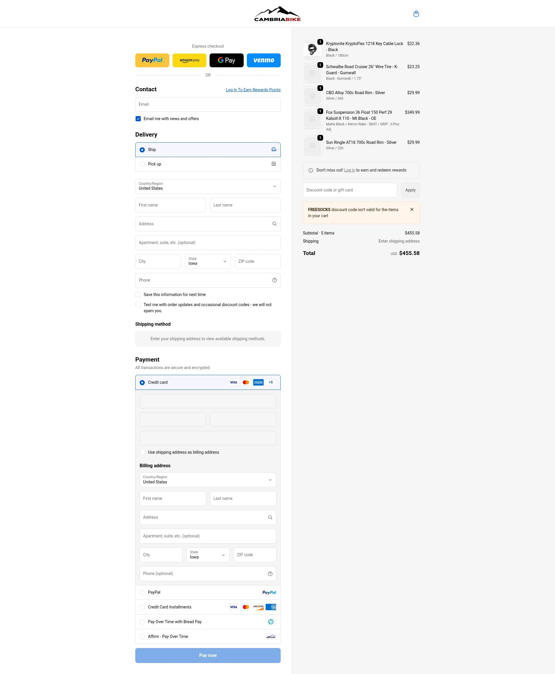 Cambria Bike checkout page showing Cambria Bike discount code box | Screenshot taken by SimplyCodes community member on Jan 11, 2026