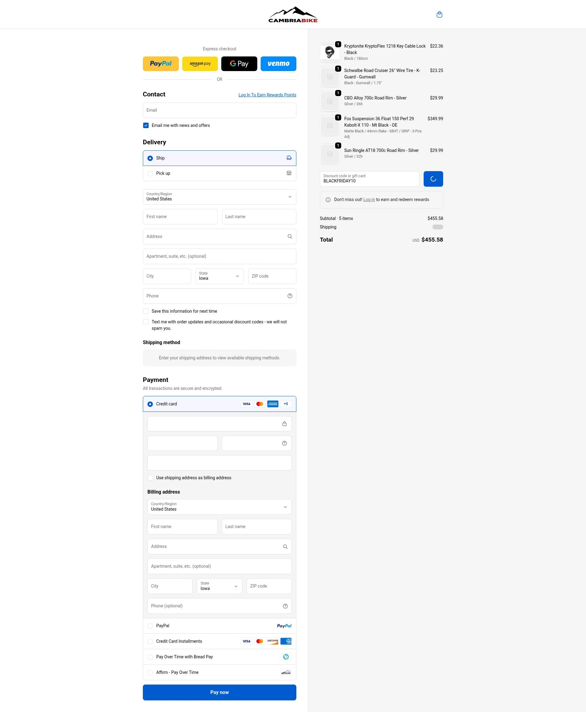 Cambria Bike checkout page showing Cambria Bike discount code box | Screenshot taken by SimplyCodes community member on Jan 11, 2026