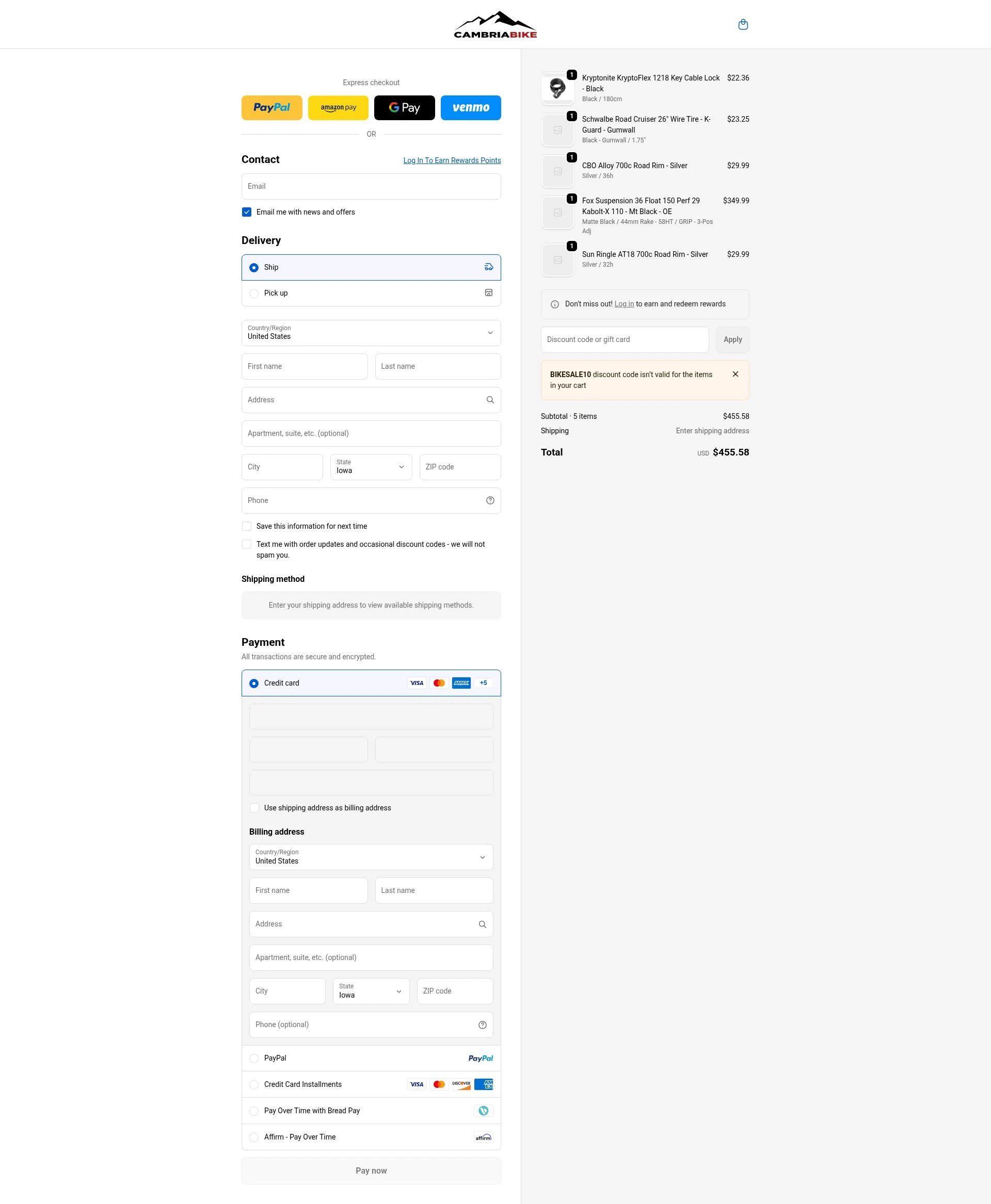 Cambria Bike checkout page showing Cambria Bike discount code box | Screenshot taken by SimplyCodes community member on Jan 11, 2026