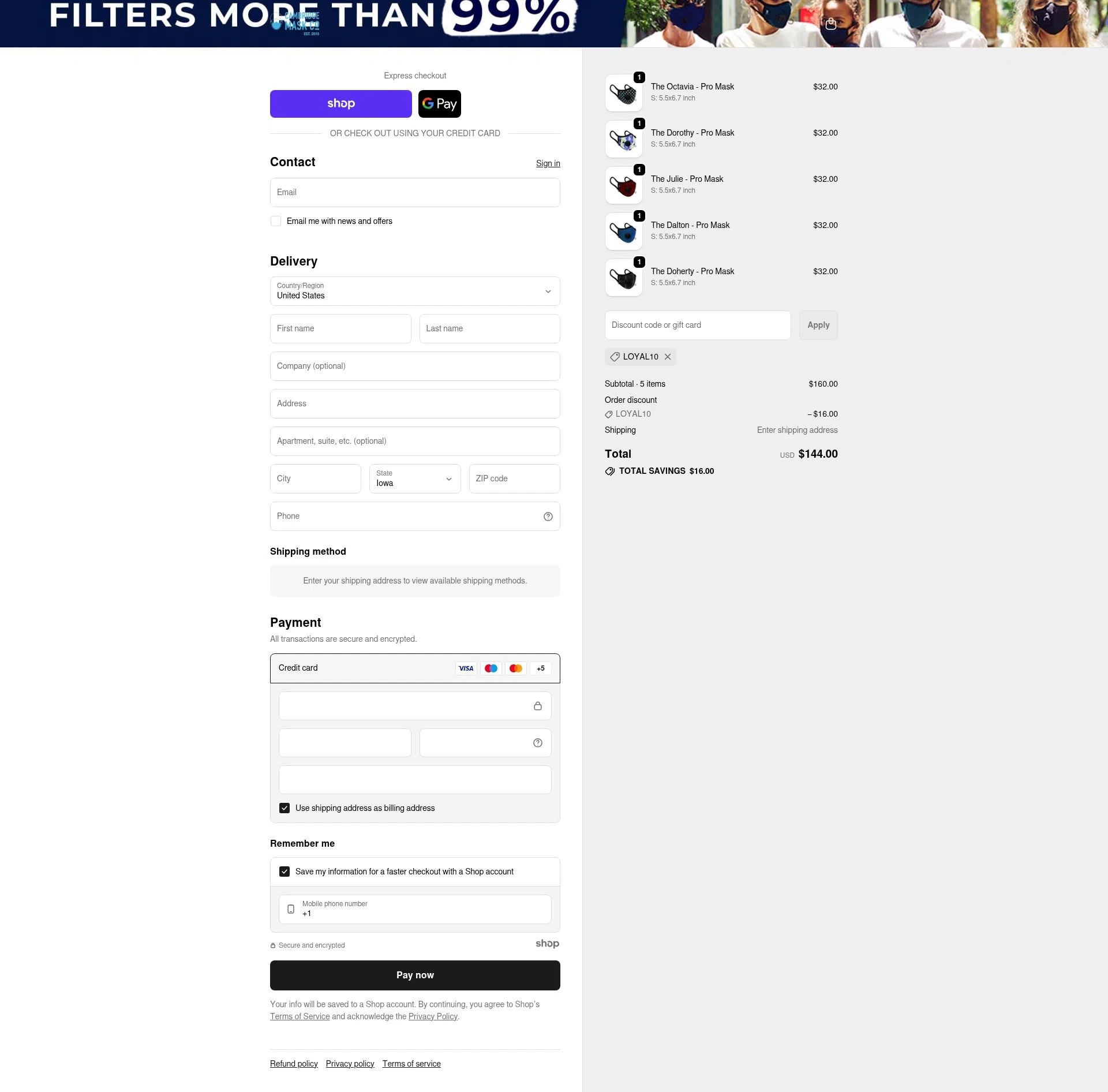 Cambridge Mask checkout page showing Cambridge Mask promo code box | Screenshot taken by SimplyCodes community member on Nov 25, 2025