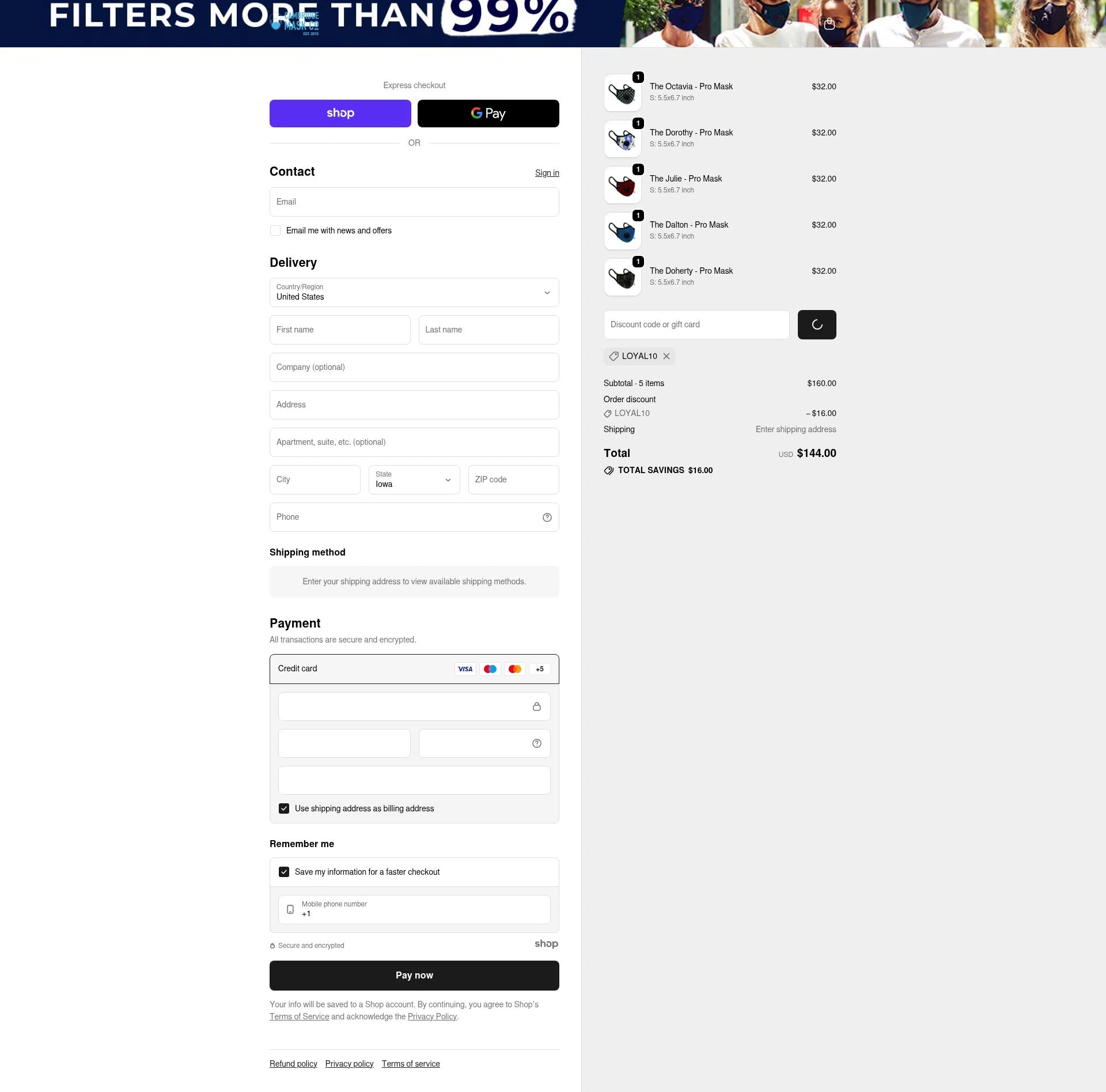 Cambridge Mask checkout page showing Cambridge Mask promo code box | Screenshot taken by SimplyCodes community member on Dec 23, 2025