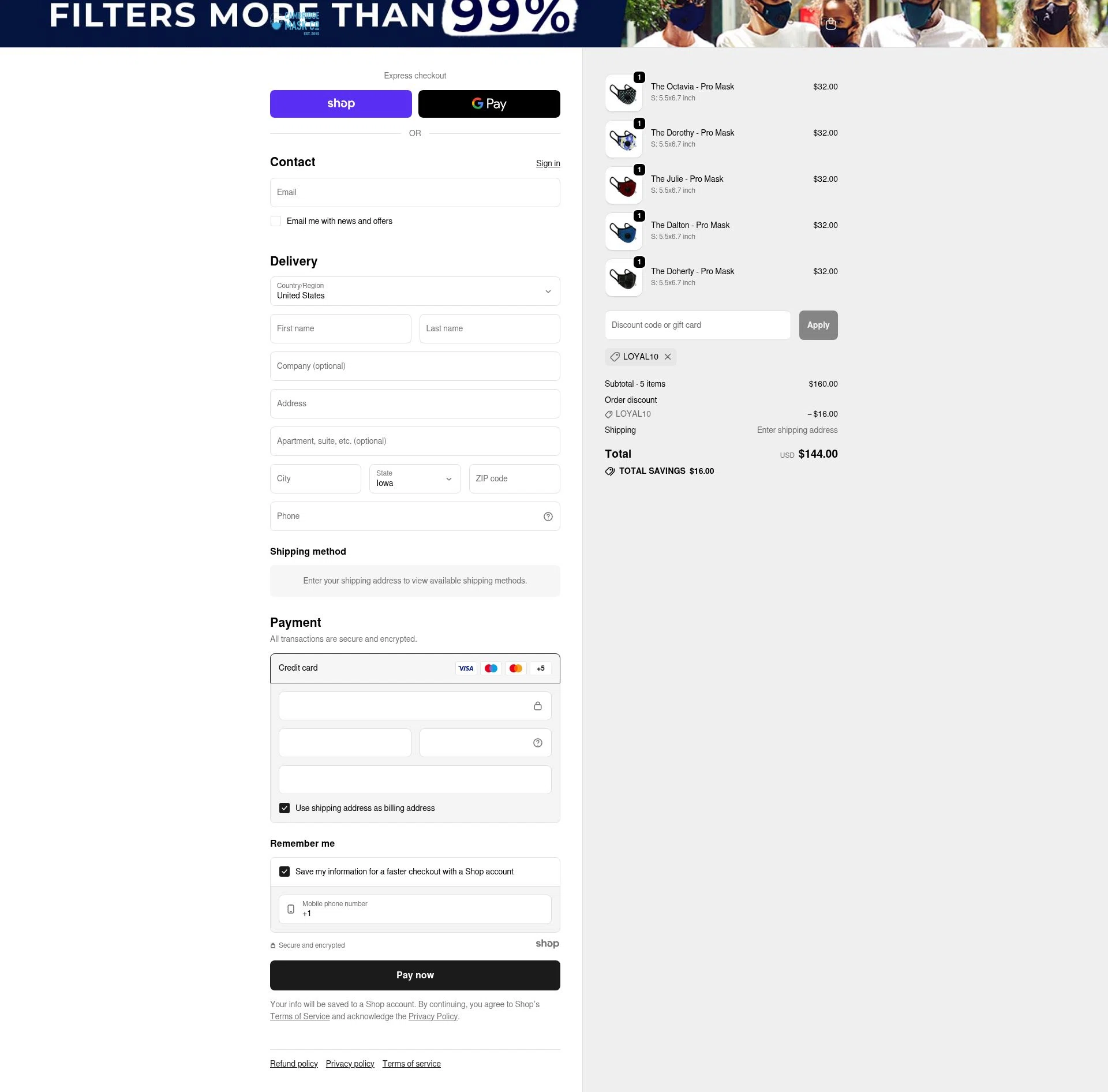 Cambridge Mask checkout page showing Cambridge Mask promo code box | Screenshot taken by SimplyCodes community member on Dec 11, 2025