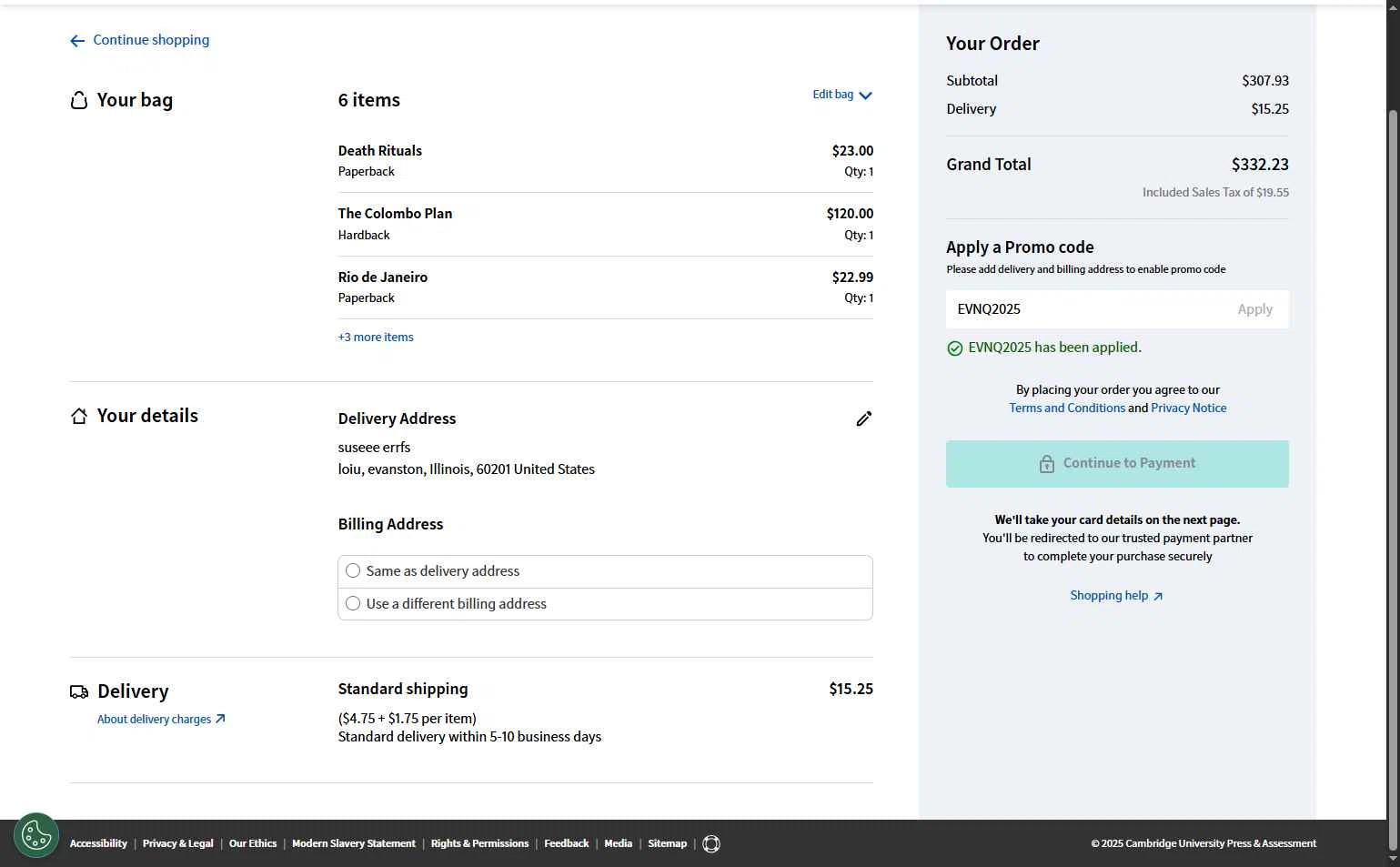 Cambridge University Press checkout page showing Cambridge University Press promo code box | Screenshot taken by SimplyCodes community member on Jan 6, 2026