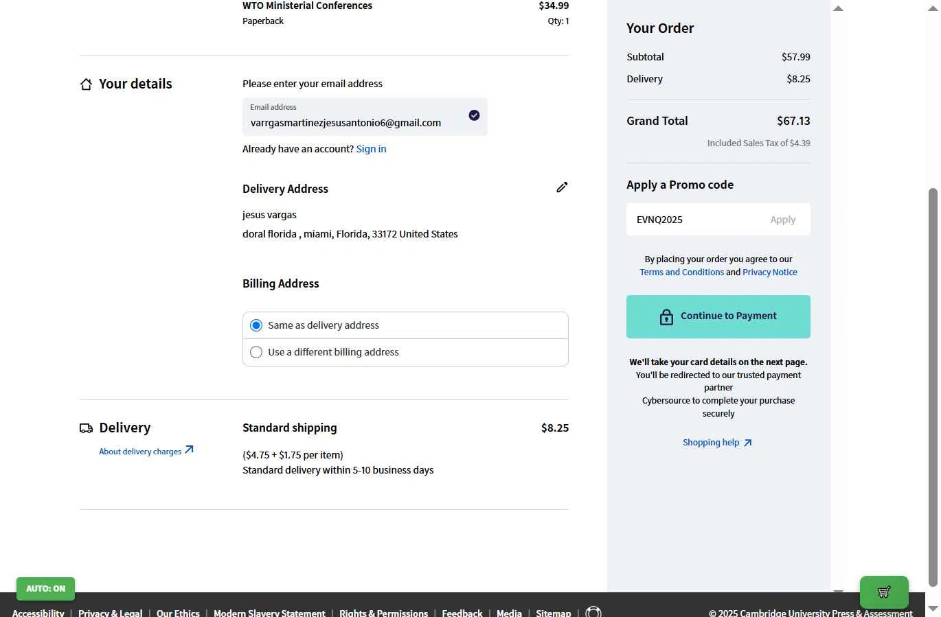 Cambridge University Press checkout page showing Cambridge University Press promo code box | Screenshot taken by SimplyCodes community member on Oct 5, 2025