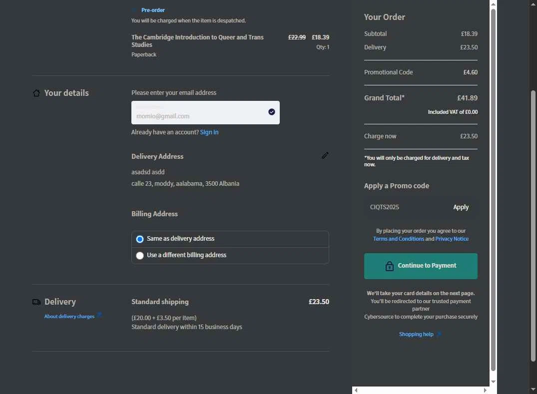 Cambridge University Press checkout page showing Cambridge University Press promo code box | Screenshot taken by SimplyCodes community member on Oct 18, 2025