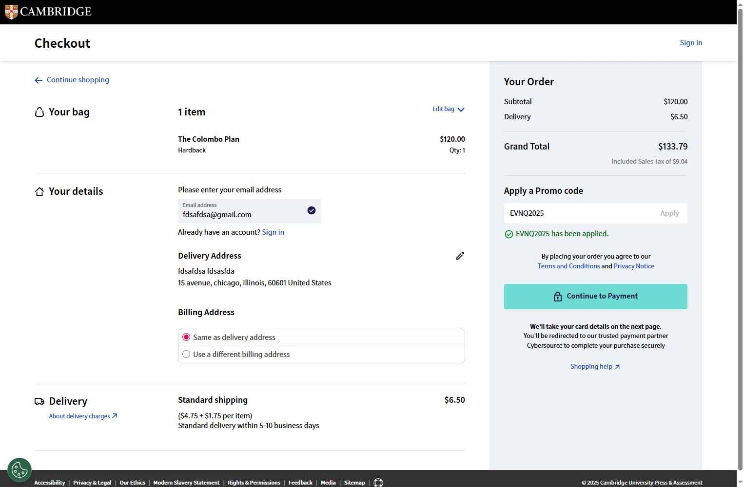 Cambridge University Press checkout page showing Cambridge University Press promo code box | Screenshot taken by SimplyCodes community member on Nov 16, 2025