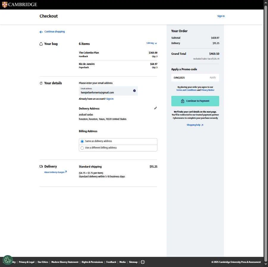Cambridge University Press checkout page showing Cambridge University Press promo code box | Screenshot taken by SimplyCodes community member on Nov 3, 2025