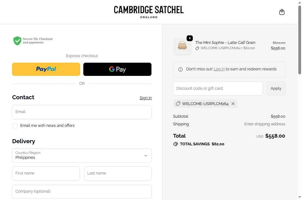 Cambridge Satchel US checkout page showing Cambridge Satchel US promo code box | Screenshot taken by SimplyCodes community member on Feb 25, 2026