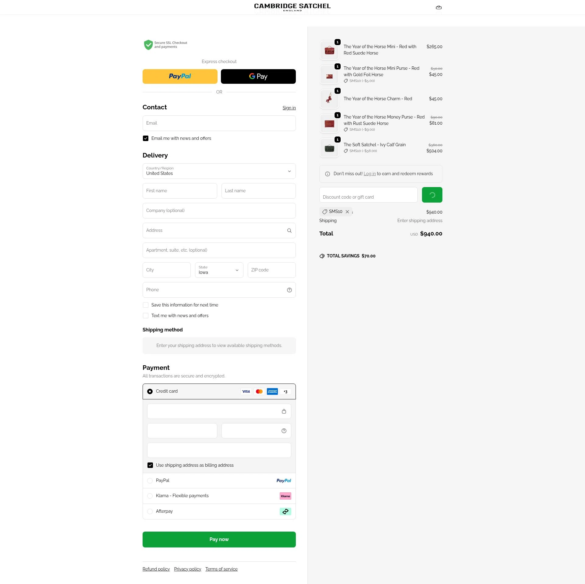 Cambridge Satchel US checkout page showing Cambridge Satchel US promo code box | Screenshot taken by SimplyCodes community member on Feb 15, 2026