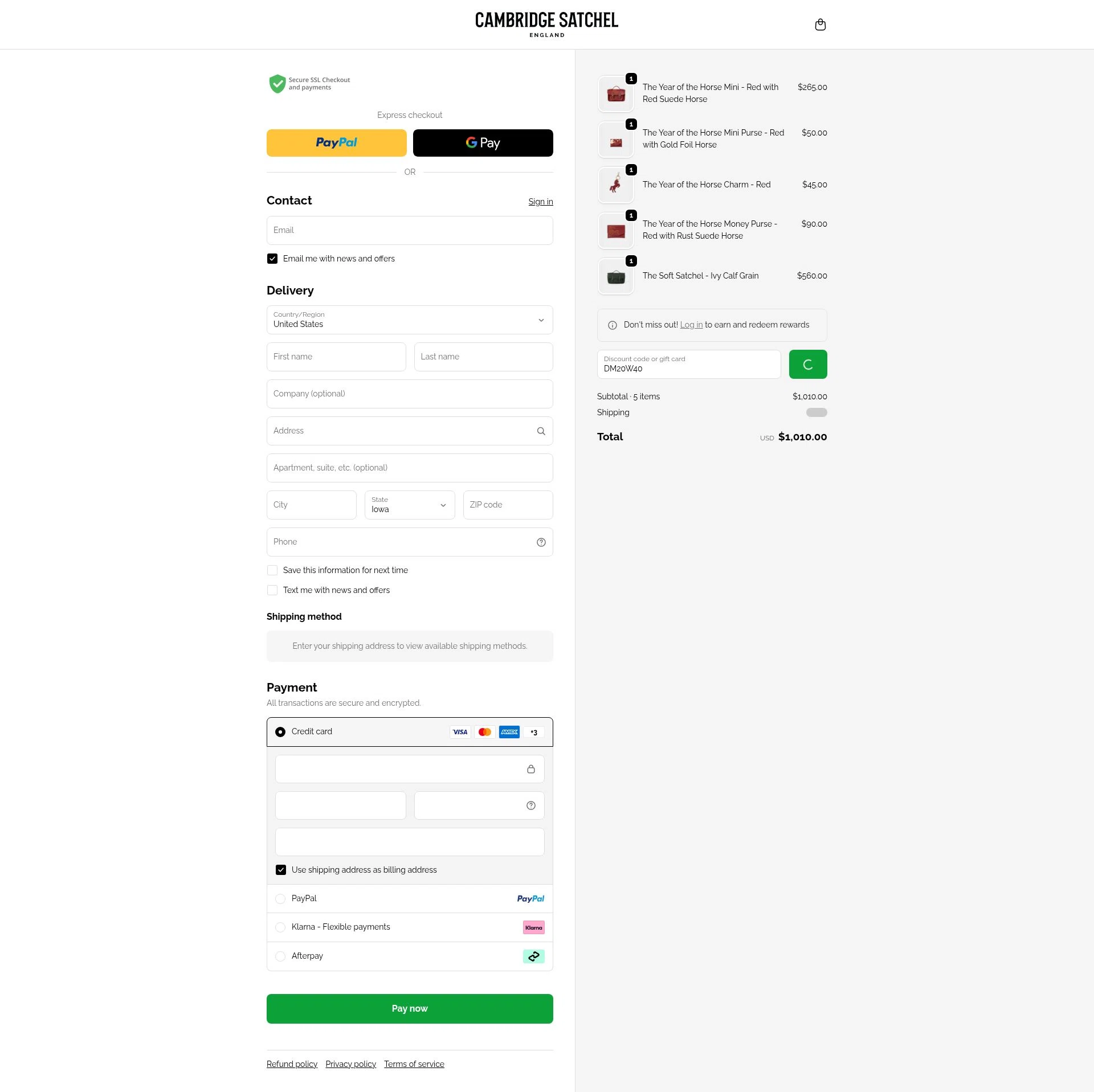 Cambridge Satchel US checkout page showing Cambridge Satchel US promo code box | Screenshot taken by SimplyCodes community member on Feb 15, 2026