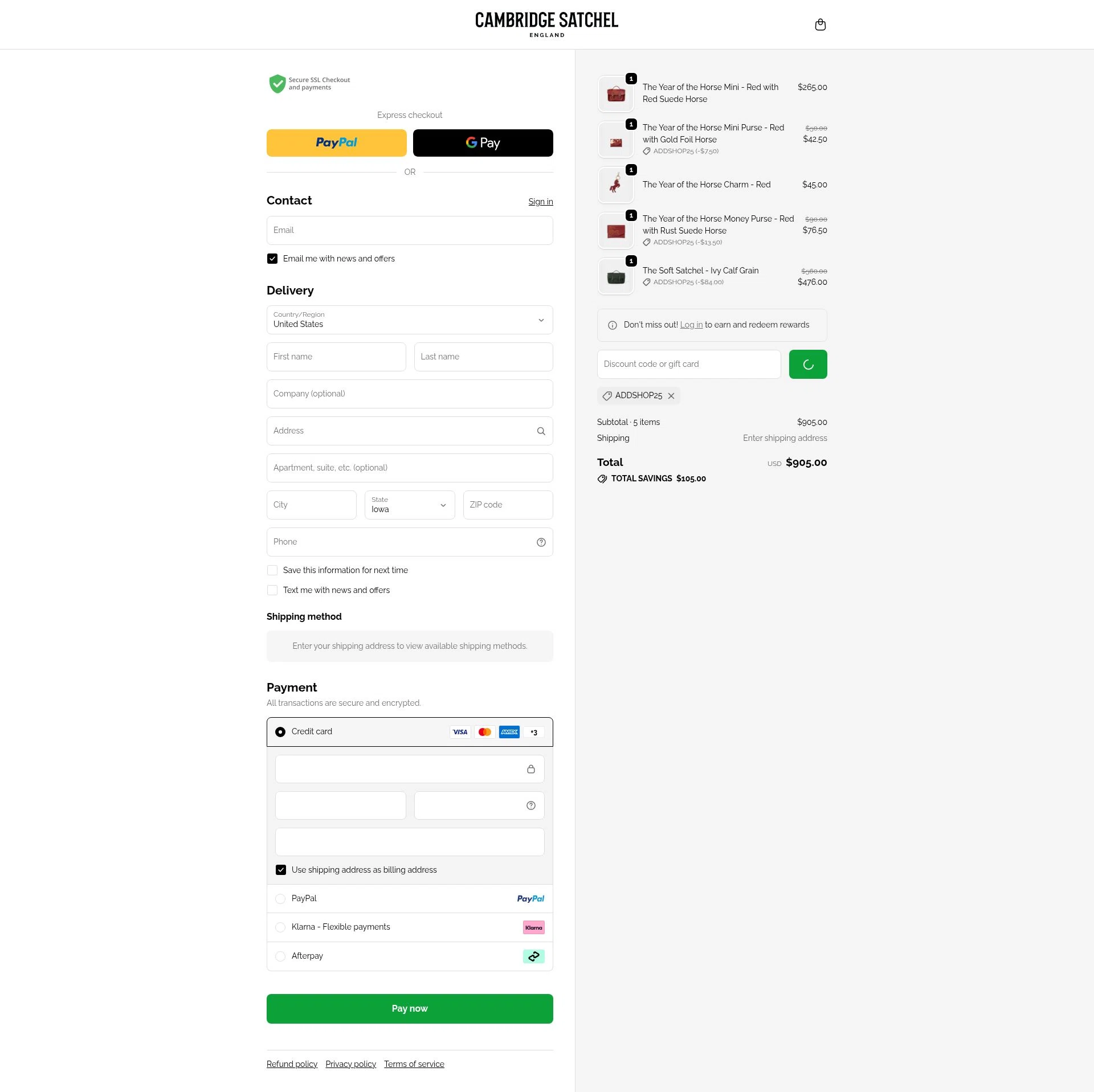 Cambridge Satchel US checkout page showing Cambridge Satchel US promo code box | Screenshot taken by SimplyCodes community member on Feb 19, 2026