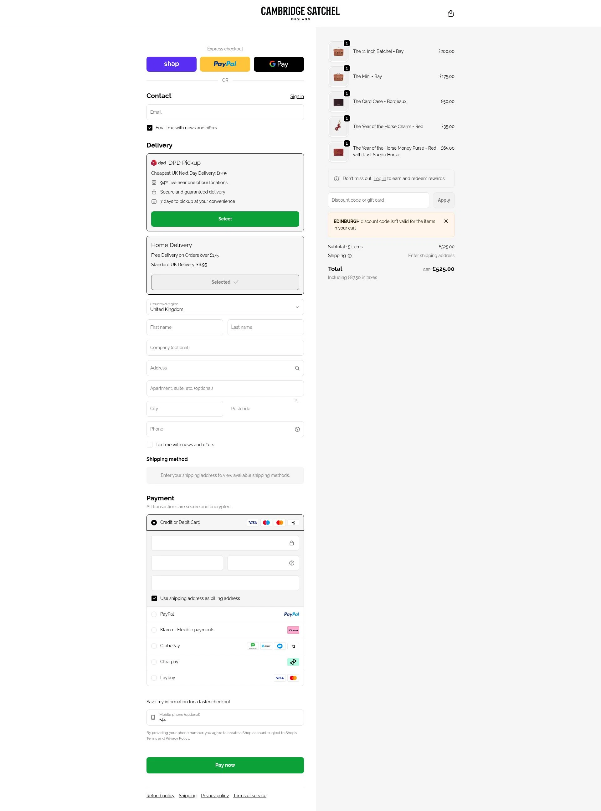 Cambridge Satchel UK checkout page showing Cambridge Satchel UK promo code box | Screenshot taken by SimplyCodes community member on Feb 23, 2026