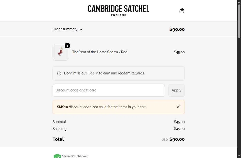 Cambridge Satchel UK checkout page showing Cambridge Satchel UK promo code box | Screenshot taken by SimplyCodes community member on Feb 18, 2026