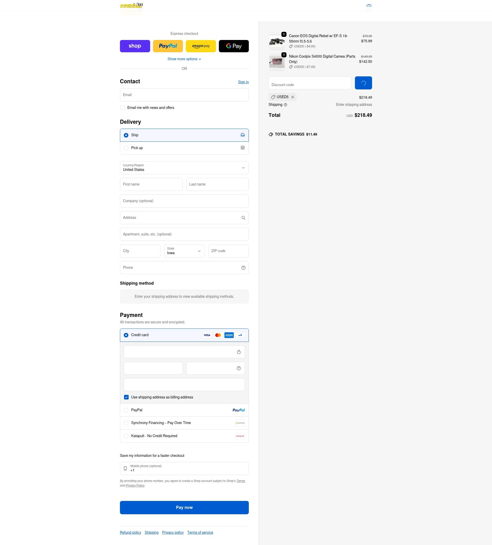 Camera Exchange checkout page showing Camera Exchange discount code box | Screenshot taken by SimplyCodes community member on Feb 10, 2026