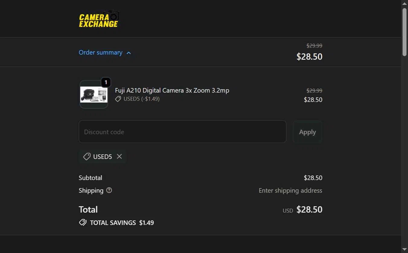 Camera Exchange checkout page showing Camera Exchange discount code box | Screenshot taken by SimplyCodes community member on Jan 8, 2026