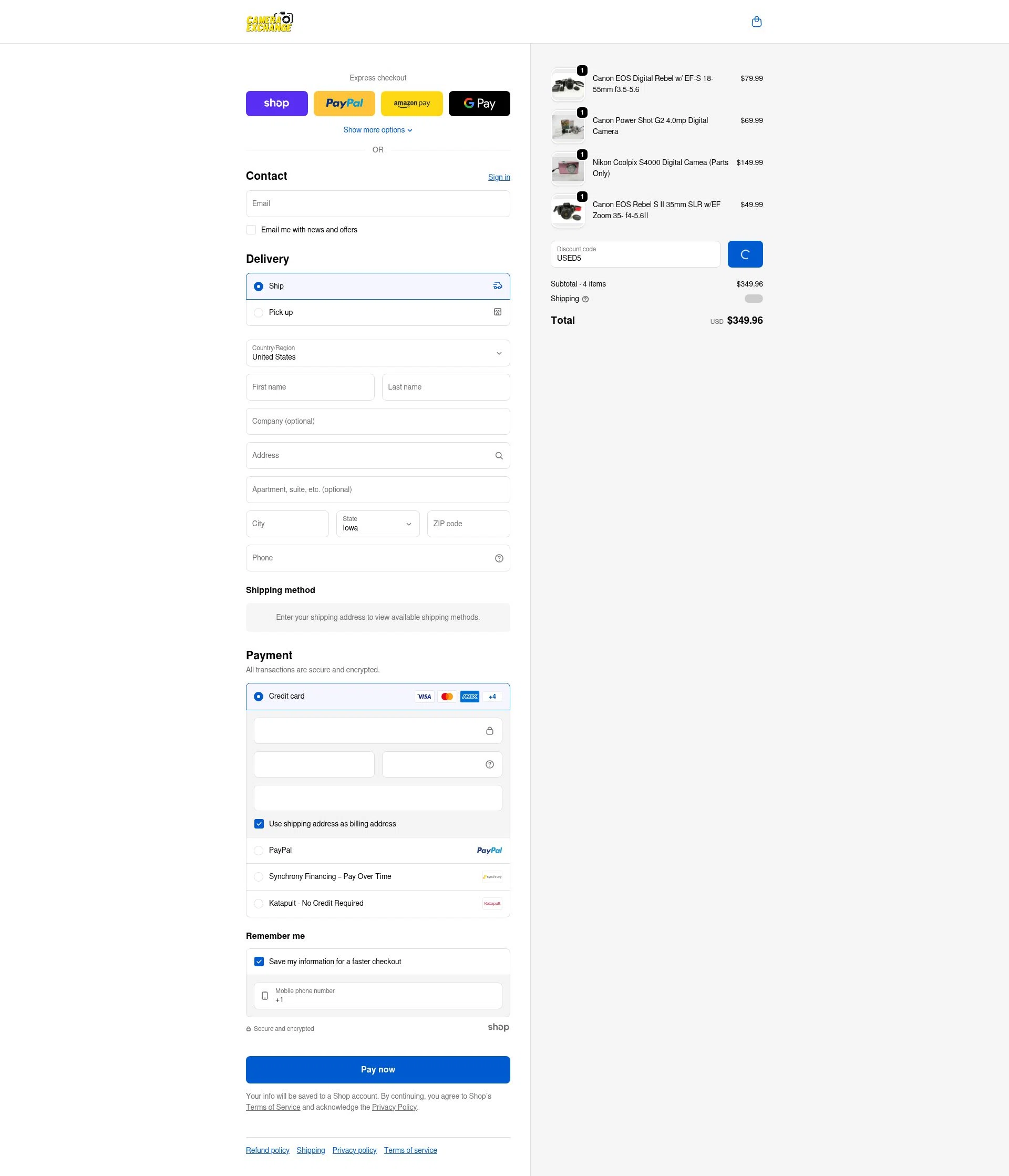 Camera Exchange checkout page showing Camera Exchange discount code box | Screenshot taken by SimplyCodes community member on Jan 28, 2026