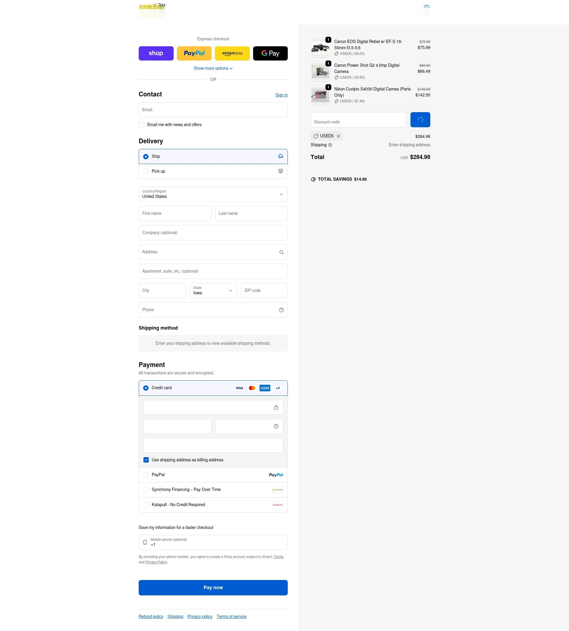 Camera Exchange checkout page showing Camera Exchange discount code box | Screenshot taken by SimplyCodes community member on Feb 1, 2026